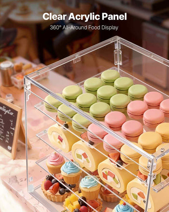 Bakery Display Case, 4-Tier Commercial Countertop Pastry Display Case, Clear Acrylic Bread Box for Kitchen, Party Cake Cabinet with Magnetic Rear Door for Cookie Dessert Donut, 20.9"x17.1"x16.3"