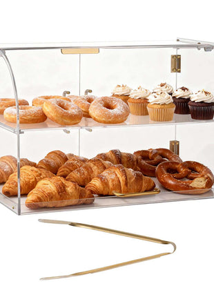 Bakery Display Case, 2-Tier Commercial Countertop Pastry Display Case, Clear Acrylic Bread Box for Kitchen, Party Cake Cabinet with Magnetic Rear Door for Cookie Dessert Donut, 22" x 14" x 14"