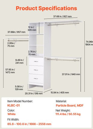 Closet System with 3 Drawers, Adjustable Height Wooden Closet Organizers, Modern Walk-in Wardrobe Organization with 3 Retractable Clothes Hanger Rods, Freestanding Garment Rack Storage, White