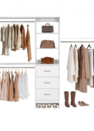 Closet System with 3 Drawers, Adjustable Height Wooden Closet Organizers, Modern Walk-in Wardrobe Organization with 3 Retractable Clothes Hanger Rods, Freestanding Garment Rack Storage, White