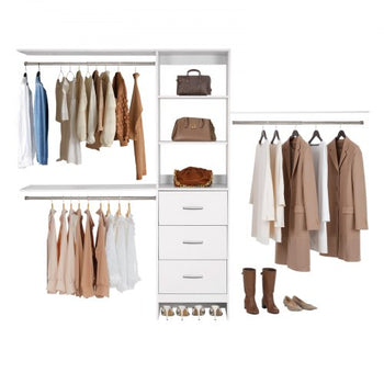 Closet System with 3 Drawers, Adjustable Height Wooden Closet Organizers, Modern Walk-in Wardrobe Organization with 3 Retractable Clothes Hanger Rods, Freestanding Garment Rack Storage, White
