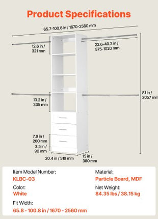 Closet System with 3 Drawers, Adjustable Height Wooden Closet Organizers, Modern Walk-in Wardrobe Organization with 4 Retractable Clothes Hanger Rods, Freestanding Garment Rack Storage, White