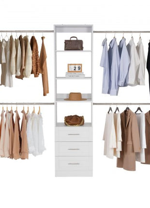 Closet System with 3 Drawers, Adjustable Height Wooden Closet Organizers, Modern Walk-in Wardrobe Organization with 4 Retractable Clothes Hanger Rods, Freestanding Garment Rack Storage, White