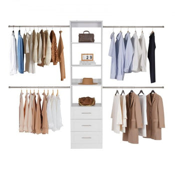 Closet System with 3 Drawers, Adjustable Height Wooden Closet Organizers, Modern Walk-in Wardrobe Organization with 4 Retractable Clothes Hanger Rods, Freestanding Garment Rack Storage, White