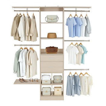 Closet System with 2 Drawers, Adjustable Height Wooden Closet Organizers, Modern Walk-in Wardrobe Organization with 5 Retractable Clothes Hanger Rods, Freestanding Garment Rack Storage, Grey