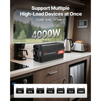 4000W Power Inverter, 12V DC to 120V AC Modified Sine Wave Inverter, Solar Car Charger Converter with LCD Display, Remote Control, 2 USB Ports, 4 AC Outlets, Type-C Port, for RV, Truck Outdoor