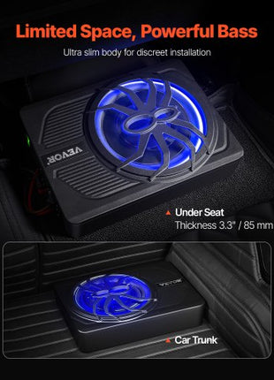 10" 440W Underseat Car Subwoofer, Slim Powered Car Subwoofers with Blue Ambient Light, Low Profile Audio Sub Under the Seat with Built-in Amplifier, Remote Controller for SUVs, Car, Truck, RV