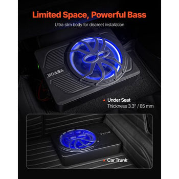 10" 440W Underseat Car Subwoofer, Slim Powered Car Subwoofers with Blue Ambient Light, Low Profile Audio Sub Under the Seat with Built-in Amplifier, Remote Controller for SUVs, Car, Truck, RV