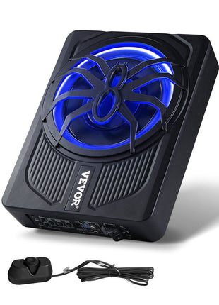 10" 440W Underseat Car Subwoofer, Slim Powered Car Subwoofers with Blue Ambient Light, Low Profile Audio Sub Under the Seat with Built-in Amplifier, Remote Controller for SUVs, Car, Truck, RV