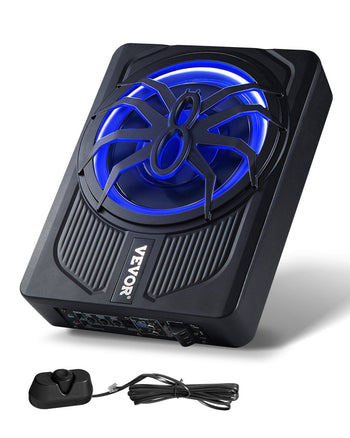 10" 440W Underseat Car Subwoofer, Slim Powered Car Subwoofers with Blue Ambient Light, Low Profile Audio Sub Under the Seat with Built-in Amplifier, Remote Controller for SUVs, Car, Truck, RV