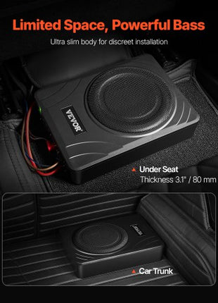 8" 300W Underseat Car Subwoofer, Slim Powered Car Subwoofers Under the Seat, Low Profile Audio Sub Built-in Amplifier, High/Low Level Input & Volume Controller for SUVs, Car, Truck, RV