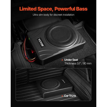 8" 300W Underseat Car Subwoofer, Slim Powered Car Subwoofers Under the Seat, Low Profile Audio Sub Built-in Amplifier, High/Low Level Input & Volume Controller for SUVs, Car, Truck, RV