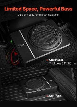 8" 240W Underseat Car Subwoofer, 120W RMS Rated Power Slim Powered Car Subwoofers Under the Seat, Low Profile Audio Sub Built-in Amplifier, High/Low Level Input & Volume Controller for SUVs, Car, Truck, RV