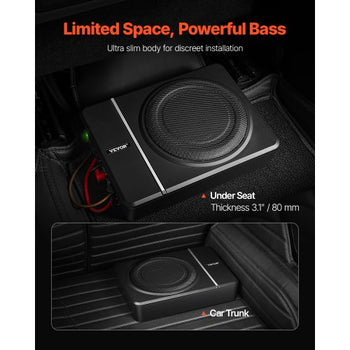 8" 240W Underseat Car Subwoofer, 120W RMS Rated Power Slim Powered Car Subwoofers Under the Seat, Low Profile Audio Sub Built-in Amplifier, High/Low Level Input & Volume Controller for SUVs, Car, Truck, RV