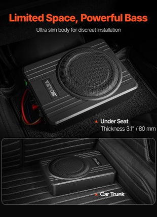 10" 300W Underseat Car Subwoofer, Slim Powered Car Subwoofers Under the Seat, Low Profile Audio Sub Built-in Amplifier, High/Low Level Input & Volume Controller for SUVs, Car, Truck, RV