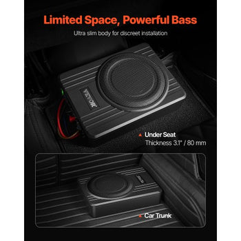 10" 300W Underseat Car Subwoofer, Slim Powered Car Subwoofers Under the Seat, Low Profile Audio Sub Built-in Amplifier, High/Low Level Input & Volume Controller for SUVs, Car, Truck, RV