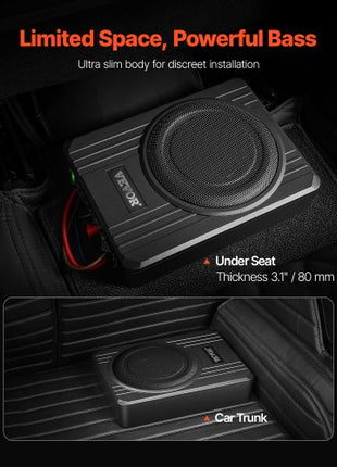 8" 400W Underseat Car Subwoofer, Slim Powered Car Subwoofers Under the Seat, Low Profile Audio Sub Built-in Amplifier, High/Low Level Input & Volume Controller for SUVs, Car, Truck, RV