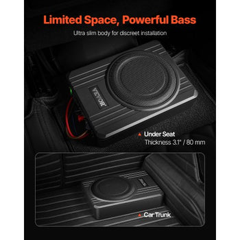 8" 400W Underseat Car Subwoofer, Slim Powered Car Subwoofers Under the Seat, Low Profile Audio Sub Built-in Amplifier, High/Low Level Input & Volume Controller for SUVs, Car, Truck, RV