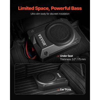 8" 800W Underseat Car Subwoofer, Slim Powered Car Subwoofers Under the Seat, Low Profile Audio Sub Built-in Amplifier, High/Low Level Input & Volume Controller for SUVs, Car, Truck, RV