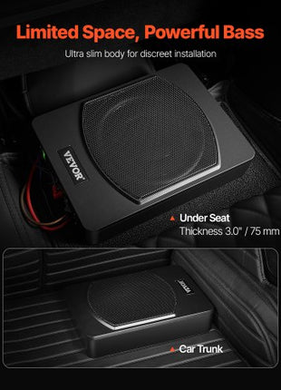 10" 240W Underseat Car Subwoofer, Slim Powered Car Subwoofers Under the Seat, Low Profile Audio Sub Built-in Amplifier, High/Low Level Input & Volume Controller for SUVs, Car, Truck, RV