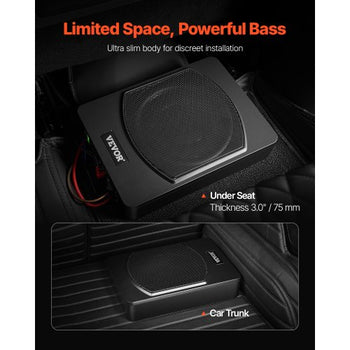 10" 240W Underseat Car Subwoofer, Slim Powered Car Subwoofers Under the Seat, Low Profile Audio Sub Built-in Amplifier, High/Low Level Input & Volume Controller for SUVs, Car, Truck, RV
