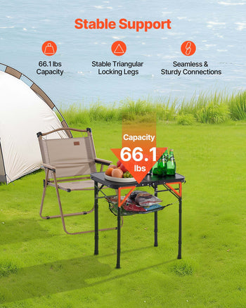 Folding Camping Table, Adjustable Height Portable Side Tables, Aluminum MDF Beach Table with Mesh Layer, Carrying Handle, Lightweight Compact for Outdoor Picnic BBQ Cooking, 24x16in, Black