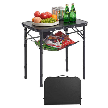 Folding Camping Table, Adjustable Height Portable Side Tables, Aluminum MDF Beach Table with Mesh Layer, Carrying Handle, Lightweight Compact for Outdoor Picnic BBQ Cooking, 24x16in, Black
