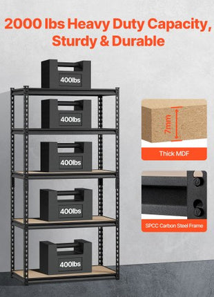 Storage Shelves, 2000 lbs, 5 Tier Garage Storage Shelving, 16" D x 32" W x 62.8" H Adjustable Metal Shelves for Garage Shelves Utility Rack Shelf, Ideal for Kitchen, Warehouse, Basement, Black