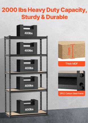Storage Shelves, 2000 lbs, 5 Tier Garage Storage Shelving, 16" D x 36" W x 71.4" H Adjustable Metal Shelves for Garage Shelves Utility Rack Shelf, Ideal for Kitchen, Warehouse, Basement, Black