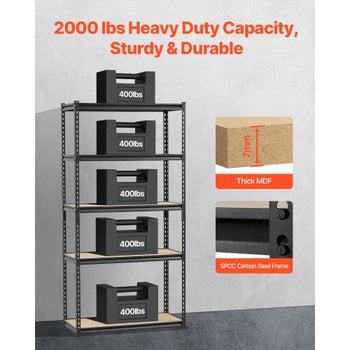 Storage Shelves, 2000 lbs, 5 Tier Garage Storage Shelving, 16" D x 36" W x 71.4" H Adjustable Metal Shelves for Garage Shelves Utility Rack Shelf, Ideal for Kitchen, Warehouse, Basement, Black