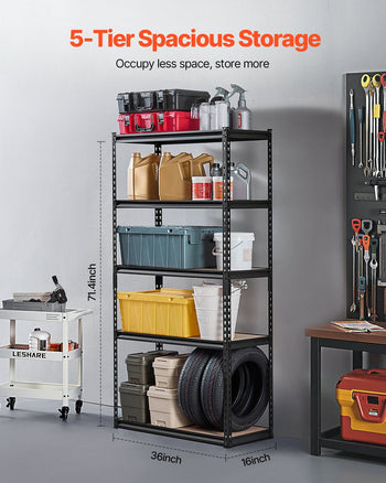 Storage Shelves, 2000 lbs, 5 Tier Garage Storage Shelving, 16" D x 36" W x 71.4" H Adjustable Metal Shelves for Garage Shelves Utility Rack Shelf, Ideal for Kitchen, Warehouse, Basement, Black