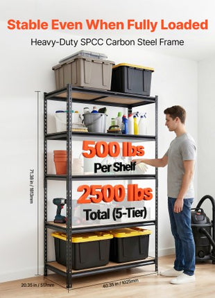 Storage Shelves, 5-Tier Adjustable, 2500 lbs Capacity, Heavy Duty Garage Storage Shelving Unit, Metal Utility Rack Shelf, for Garage Warehouse Basement Kitchen, 40.35" W x 20.35" D x 71.38" H