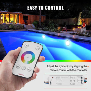 LED pool light remote controller, sleek white design, colorful adjustable settings for outdoor use. Easy to operate.