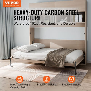 Murphy Bed Kit, Full Size, Deluxe DIY Wall Bed Mechanical Hardware Kit, Pneumatic Lever Heavy Duty Bed Frame Support, Folding Cabinet Wall Bed Space Saving Design for Guestroom, Easy to Build