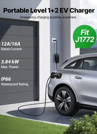 Level 1&2 EV Charger, 16 Amp Adjustable Current, Electric Vehicle Portable Charger with 25 ft Cable, 120V-240V, NEMA 6-20P Plug NEMA 5-15 Adapter, LCD, Home Car Charging Station for SAE J1772 EV