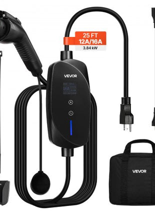 Level 1&2 EV Charger, 16 Amp Adjustable Current, Electric Vehicle Portable Charger with 25 ft Cable, 120V-240V, NEMA 6-20P Plug NEMA 5-15 Adapter, LCD, Home Car Charging Station for SAE J1772 EV