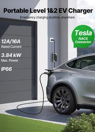 Level 1/2 Tesla Charger, 16 Amp, Portable Electric Car EV Charger with 25 ft Charging Cable, 120V-240V, NEMA 6-20P Plug NEMA 5-15 Adapter, LED Indicator, NACS Connector for Tesla Model Y/X/3/S