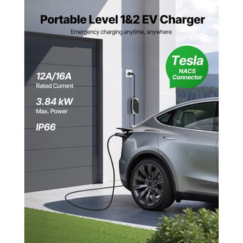 Level 1/2 Tesla Charger, 16 Amp, Portable Electric Car EV Charger with 25 ft Charging Cable, 120V-240V, NEMA 6-20P Plug NEMA 5-15 Adapter, LED Indicator, NACS Connector for Tesla Model Y/X/3/S