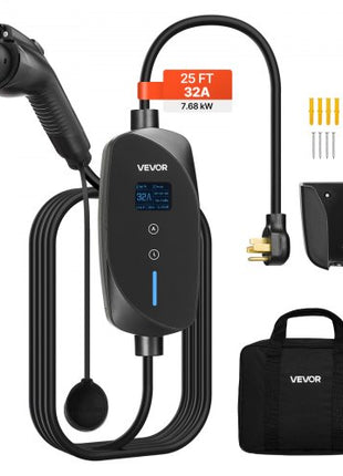 Level 2 EV Charger, 32 Amp Adjustable Current, 240V Electric Vehicle Portable Charger with 25 ft Charging Cable, NEMA 14-50P Plug, LCD Display, Plug-in Home Car Charging Station for SAE J1772 EV