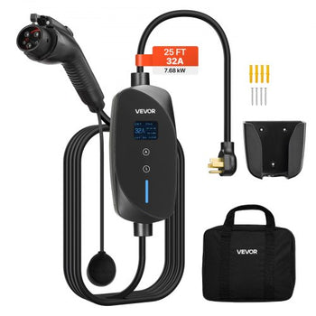 Level 2 EV Charger, 32 Amp Adjustable Current, 240V Electric Vehicle Portable Charger with 25 ft Charging Cable, NEMA 14-50P Plug, LCD Display, Plug-in Home Car Charging Station for SAE J1772 EV