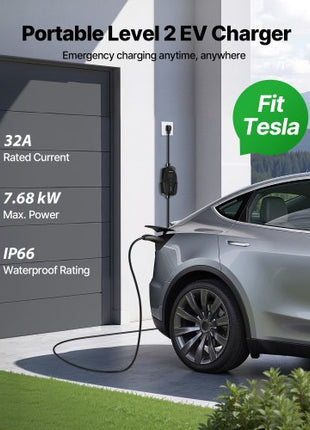 Level 2 Tesla Charger, 32 Amp Adjustable Current, 240V Portable Home Electric Car EV Charger with 25 ft Charging Cable, NEMA 14-50P Plug, LCD Display, NACS Connector, for Tesla Model Y/X/3/S