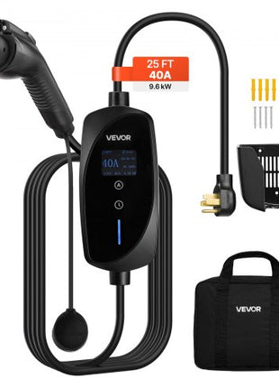 Level 2 EV Charger, 40 Amp Adjustable Current, 240V Electric Vehicle Portable Charger with 25 ft Charging Cable, LCD Display, NEMA 14-50P Plug, Plug-in Home Car Charging Station for SAE J1772 EV