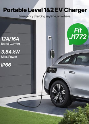 Level 1&2 EV Charger, 16 Amp, Electric Vehicle Portable Charger with 25 ft Charging Cable, 120V-240V, NEMA 6-20P Plug NEMA 5-15 Adapter, LED Indicator, Home Car Charging Station for SAE J1772 EV