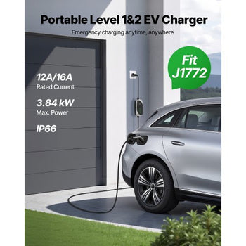 Level 1&2 EV Charger, 16 Amp, Electric Vehicle Portable Charger with 25 ft Charging Cable, 120V-240V, NEMA 6-20P Plug NEMA 5-15 Adapter, LED Indicator, Home Car Charging Station for SAE J1772 EV