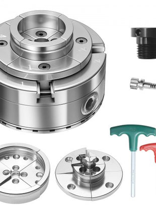 4 Inch Wood Lathe Chuck, 4-Jaw, Self-Centering Wood Turning Chuck Set with 1" x 8TPI Thread & Adapter, Round Jaws, Step Jaws, Thickened Nickel-Plated, High-Hardness Steel, for Woodworking Lathe
