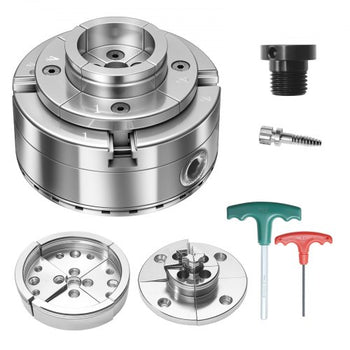 4 Inch Wood Lathe Chuck, 4-Jaw, Self-Centering Wood Turning Chuck Set with 1" x 8TPI Thread & Adapter, Round Jaws, Step Jaws, Thickened Nickel-Plated, High-Hardness Steel, for Woodworking Lathe