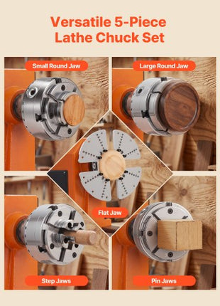 4 Inch Wood Lathe Chuck, 4-Jaw, Self-Centering Wood Turning Chuck Set with 1" x 8TPI Thread & Adapter, 5 PCS Jaws Round/Flat/Step/Pin, Carry Case, Nickel-Plated Finish, for Woodworking Lathe