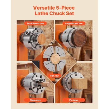 4 Inch Wood Lathe Chuck, 4-Jaw, Self-Centering Wood Turning Chuck Set with 1" x 8TPI Thread & Adapter, 5 PCS Jaws Round/Flat/Step/Pin, Carry Case, Nickel-Plated Finish, for Woodworking Lathe
