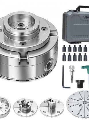 4 Inch Wood Lathe Chuck, 4-Jaw, Self-Centering Wood Turning Chuck Set with 1" x 8TPI Thread & Adapter, 5 PCS Jaws Round/Flat/Step/Pin, Carry Case, Nickel-Plated Finish, for Woodworking Lathe