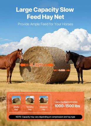 Round Bale Hay Net, 4.92 x 4.92 x 4.92 ft, 1.5 inch Holes, PE Material, Knotless Design, with Zip Ties, Needle Shuttle, Repair Twine and Storage Bag, Slow Feeder Round Bale Net for Horses